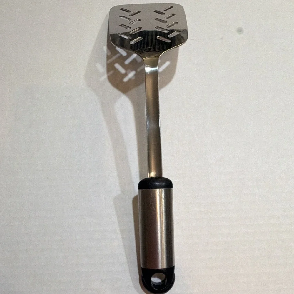Vintage Hoffritz Stainless Steel Slotted Spatula Hanging Hole Silver Black